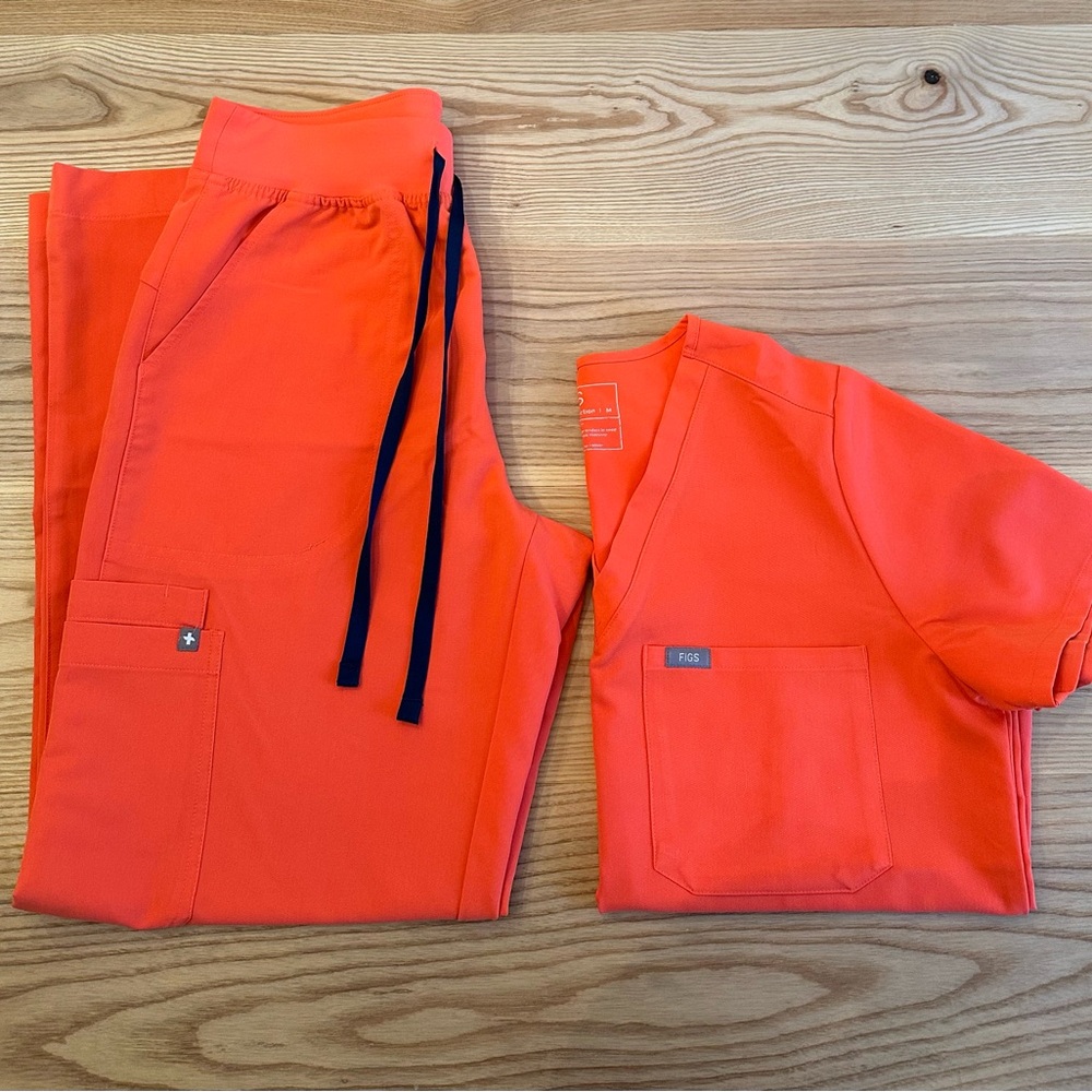 FIGS Fiery Coral. High Waisted Isabel Wide Leg + Catarina One Pocket Scrub Set